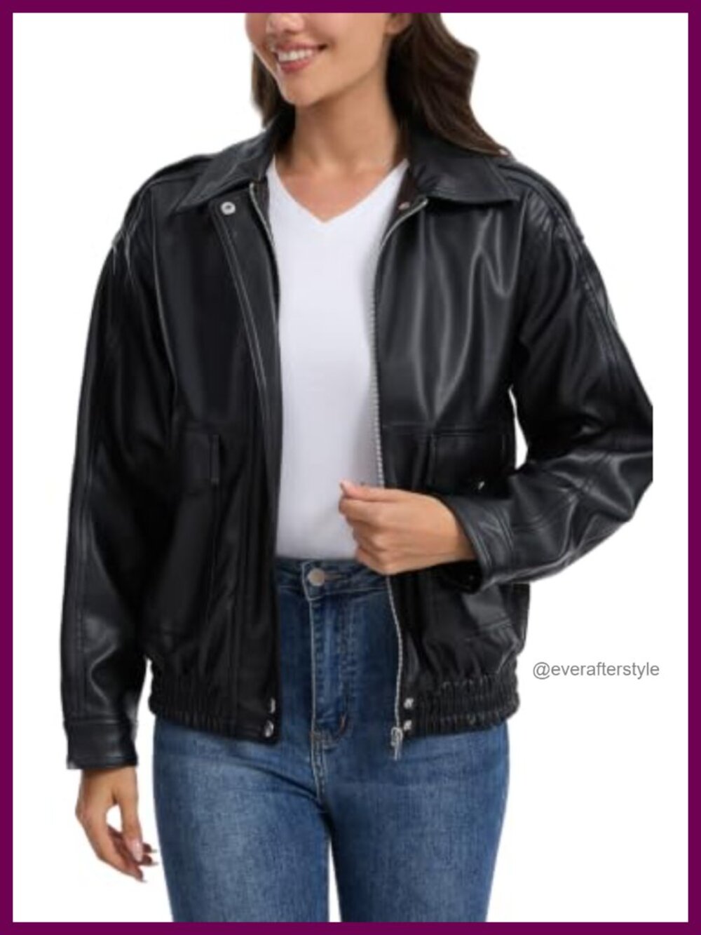 Faux Leather Moto Biker Jacket Snap Button Zip Closure Pockets